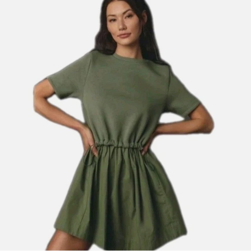 Anthropologie Pilcro Petite Olive Green Mini Shirt Dress with Drawstring - XXSP